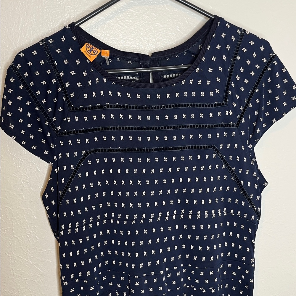 Tory Burch Navy Blue/White Printed Jersey Midi Dress - Size M Preppy Office